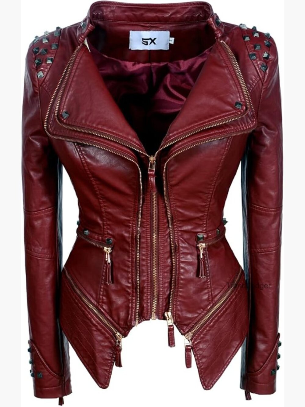 Women's Faux Leather Biker Jacket with Rivets - Slim Fit